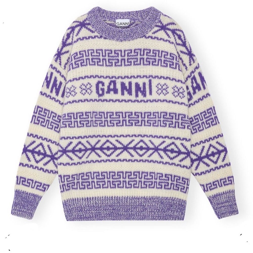 Ganni Purple&Cream Lambswool Oversized Logo Sweater XS, Sold Out Online
